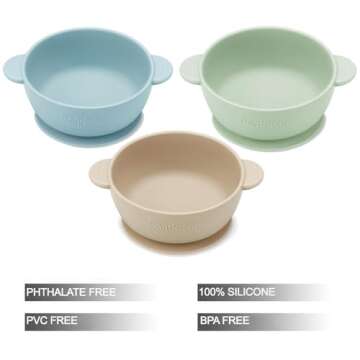 PandaEar 3 Pack Baby Bowls with Suction| Stay Put Silicone Food Bowl for Babies Kids Toddlers Infants| Food Grade Soft Safe BPA-Free Silicone (Blue Green Linen)