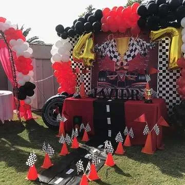 7inch Orange Racing Traffic Cones Party Decoration with Racing Checkered Flags,11inch Safety Sport Training Plastic Cones with Racing Flags,Race Car Birthday Party Supplies,Racing Themed Party