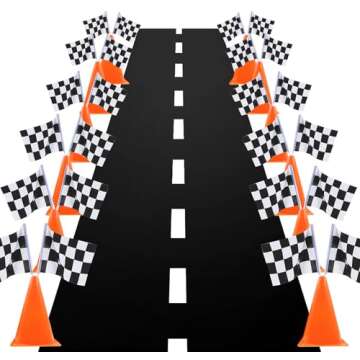 7inch Orange Racing Traffic Cones Party Decoration with Racing Checkered Flags,11inch Safety Sport Training Plastic Cones with Racing Flags,Race Car Birthday Party Supplies,Racing Themed Party