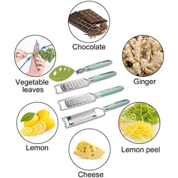 6in1 Stainless Steel Sharp-Blade Cheese Grater Shredder Lemon Citrus Zester Herb Stripper with Handle Kitchen Utensils Set Food Graters Slicer Vegetable Peeler for Chocolate Butter Garlic Ginger Fruit