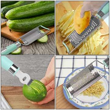 6in1 Stainless Steel Sharp-Blade Cheese Grater Shredder Lemon Citrus Zester Herb Stripper with Handle Kitchen Utensils Set Food Graters Slicer Vegetable Peeler for Chocolate Butter Garlic Ginger Fruit
