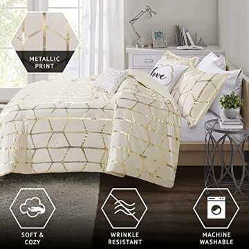 Intelligent Design Raina Full / Queen Comforter Set, Soft Microfiber Comforter Set Queen, Modern Geometric Metallic Bed Set, 5 Pieces College Bedding Comforter Set with 2 Shams, 2 Toss Pillows Ivory
