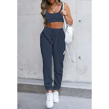 Fixmatti Women's Sweatsuit High Waisted Sweatpants Jogging Suit Lounge Pant Set Navy Blue M