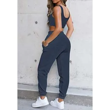 Fixmatti Women's Sweatsuit High Waisted Sweatpants Jogging Suit Lounge Pant Set Navy Blue M