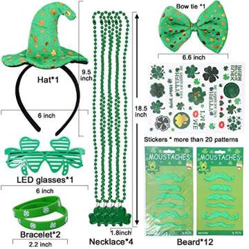 St. Patrick's Day Accessories Set - 41 Pieces Party Supplies with Glasses, Necklaces, Mustaches, Bracelets, Tattoos, Hat Headband - St. Paddy's Day Decorations