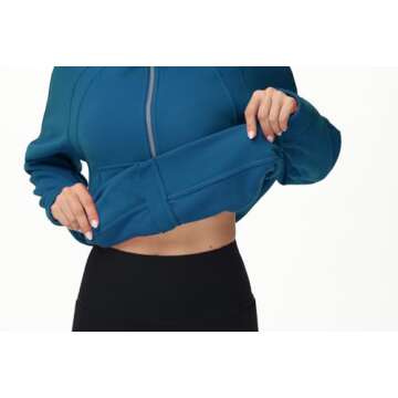 THE GYM PEOPLE Women's Full-Zip Up Hoodies Jacket Fleece Workout Crop Tops Sweatshirts with Pockets Thumb Hole Dark Blue Green