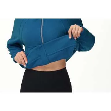 THE GYM PEOPLE Women's Full-Zip Up Hoodies Jacket Fleece Workout Crop Tops Sweatshirts with Pockets Thumb Hole Dark Blue Green