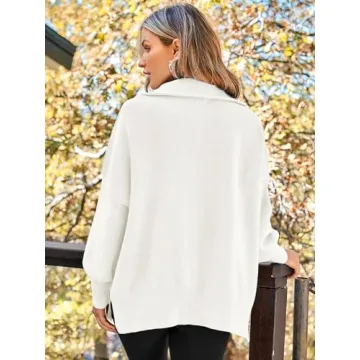 LILLUSORY Women's Oversized Sweaters 2024 Fall Fashion Zipper Up Collared Sweatshirts Knit Pullover Tops Outfits Clothes White M