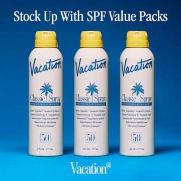 Vacation Classic Sunscreen Spray SPF 50, Water-Resistant, Lightweight, Transparent on All Skin Tones, Dermatologist-Tested, Vegan, 6 Fl. Oz. (Value Pack of 3)