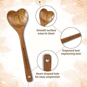 Wooden Heart Spoons - Heart Shaped Wooden Spoon Kitchenware for Cooking with Love, Unique Mother's Day Gifts for Cooks Hostesses Mom Grandma Wife Weddings House Warming Kitchen Accessories (1 PC)