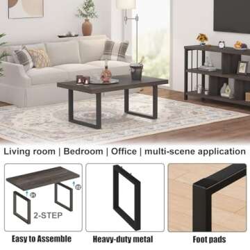 IBF Rustic Coffee Table, Wood and Metal Simple Industrial Modern Center Table, Minimalist Rectangle Wooden Farmhouse Cocktail Table for Living Room, Dark Gray Oak, 47 Inch