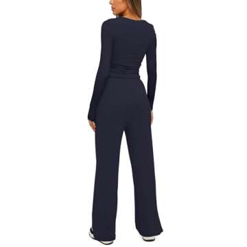 Darong Two Piece Sets for Women Fall Outfits Lounge Sets Crew Neck Tops Wide Leg Pants Vacation Travel Outfits 9065A Dark Blue XS