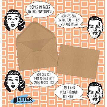 Better Office Products Kraft Invitation Envelopes, 100-Pack, A1 Size (3.625" x 5.12"), Strong 35 lb....