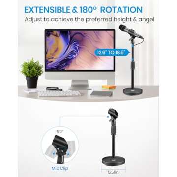 Moukey Desktop Microphone Stand, Adjustable Table Mic Stand with Mic Clip and 5/8" Male to 3/8" Female Screw for Blue Yeti Snowball Spark and Other Microphones, MMs-2