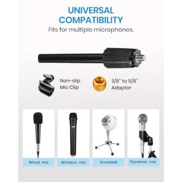 Moukey Desktop Microphone Stand, Adjustable Table Mic Stand with Mic Clip and 5/8" Male to 3/8" Female Screw for Blue Yeti Snowball Spark and Other Microphones, MMs-2