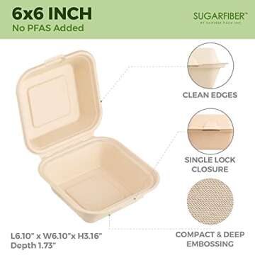[50 COUNT]Harvest Pack PFAS FREE 6 X 6" Compostable Square Hinged Container, Single Compartment Clam...