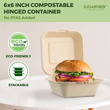 [50 COUNT]Harvest Pack PFAS FREE 6 X 6" Compostable Square Hinged Container, Single Compartment Clamshell Takeout Box, Heavy-Duty Bagasse Food Container, Made from Eco-Friendly Plant Fibers