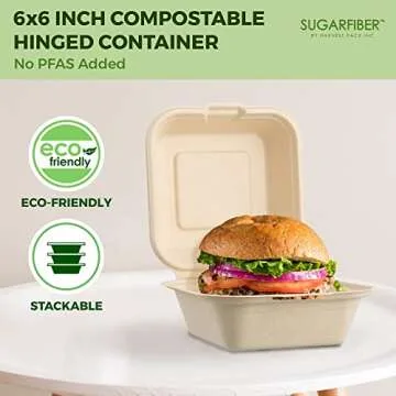 [50 COUNT]Harvest Pack PFAS FREE 6 X 6" Compostable Square Hinged Container, Single Compartment Clamshell Takeout Box, Heavy-Duty Bagasse Food Container, Made from Eco-Friendly Plant Fibers