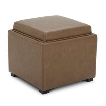 CHITA Storage Ottoman Cube with Tray Lid, Small Square Footstool, End Table for Living Room, PU Leather in Saddle Brown