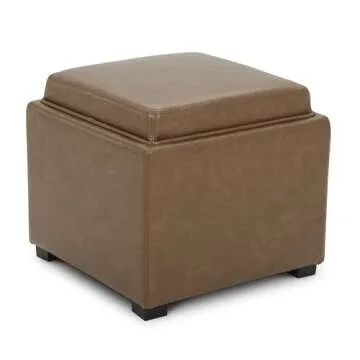 CHITA Storage Ottoman Cube with Tray Lid, Small Square Footstool, End Table for Living Room, PU Leather in Saddle Brown