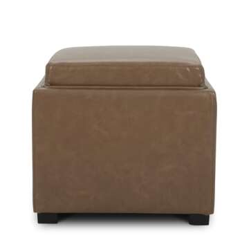 CHITA Storage Ottoman Cube with Tray Lid, Small Square Footstool, End Table for Living Room, PU Leather in Saddle Brown