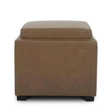 CHITA Storage Ottoman Cube with Tray Lid, Small Square Footstool, End Table for Living Room, PU Leather in Saddle Brown