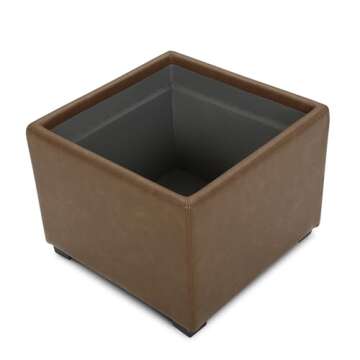 CHITA Storage Ottoman Cube with Tray Lid, Small Square Footstool, End Table for Living Room, PU Leather in Saddle Brown
