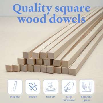 DIY Wooden Square Dowel Rod 3/8-inch x 48 Pack of 10 for Crafts & Model Making