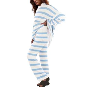 LAMISSCHE Oversized Womens Lounge Set Striped Sweater Set Long Sleeve 2 Piece Pajama Set Top and Pants with Pockets(White&Lt Blue,S)