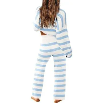 LAMISSCHE Oversized Womens Lounge Set Striped Sweater Set Long Sleeve 2 Piece Pajama Set Top and Pants with Pockets(White&Lt Blue,S)