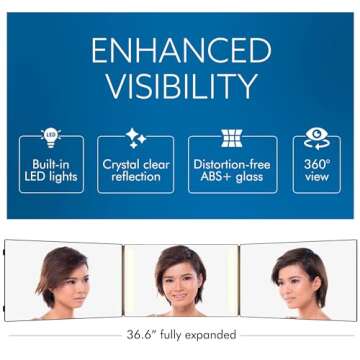 Bluelilly Co. 3-Way Mirror with LED Lights for Self Hair Cutting – Adjustable, Portable, 360-Degree View