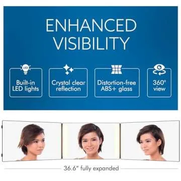 Bluelilly Co. 3-Way Mirror with LED Lights for Self Hair Cutting – Adjustable, Portable, 360-Degree View
