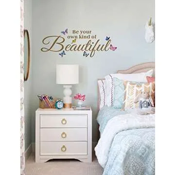 Be Your Own Kind of Beautiful Wall Decals, Colorful Butterfly Flying Wall Stickers for Mirror, Inspirational Quotes Motivational Saying Wallpaper Mural Decorations for Girl’s Room
