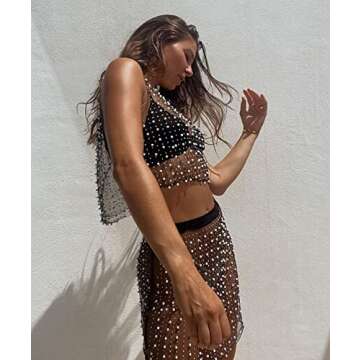 Women's Tank Top Mini Skirt Set 2 Piece Swimsuit Pearl Rhinestone Bikini Cover Up Sheer Beach Swimwear Bathing Suit Coverups