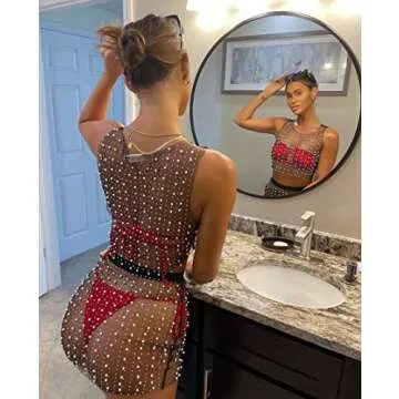 Women's Tank Top Mini Skirt Set 2 Piece Swimsuit Pearl Rhinestone Bikini Cover Up Sheer Beach Swimwear Bathing Suit Coverups