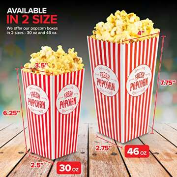 [25 Pack] Movie Theater Popcorn Boxes Disposable Red & White Striped - 46 oz Capacity - Vintage Snack Box Concession and Carnival Party Supplies, Individual Popcorn Bucket Containers