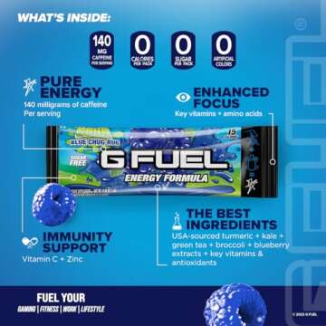 G Fuel FaZe Rug Energy Powder Packets, Sugar Free, Clean Caffeine Focus Supplement, Water Mix, Sour Blue Raspberry Flavor, Focus Amino, Vitamin + Antioxidants Blend - 6 Stick Pack, 0.25 oz