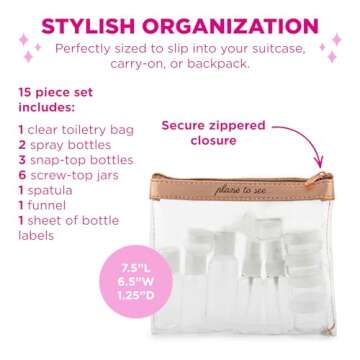 Miamica “Plane to See” TSA Compliant Travel Toiletry Bag – Includes 15 Pieces – 7.5” L x 6.5” W x 1.25” D, Clear/Rose Gold – Cute Travel Gifts
