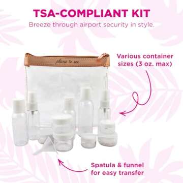 Miamica “Plane to See” TSA Compliant Travel Toiletry Bag – Includes 15 Pieces – 7.5” L x 6.5” W x 1.25” D, Clear/Rose Gold – Cute Travel Gifts