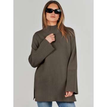 ANRABESS Womens Oversized Turtleneck Sweaters Long Sleeve Split Hem Jumper Ribbed Knit Pullover Tops 2024 Fall Outfits Brown Small