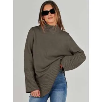 ANRABESS Womens Oversized Turtleneck Sweaters Long Sleeve Split Hem Jumper Ribbed Knit Pullover Tops 2024 Fall Outfits Brown Small