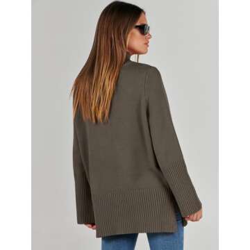 ANRABESS Womens Oversized Turtleneck Sweaters Long Sleeve Split Hem Jumper Ribbed Knit Pullover Tops 2024 Fall Outfits Brown Small