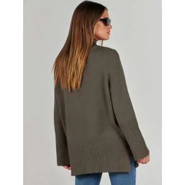 ANRABESS Womens Oversized Turtleneck Sweaters Long Sleeve Split Hem Jumper Ribbed Knit Pullover Tops 2024 Fall Outfits Brown Small