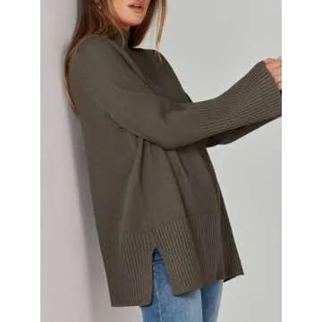 ANRABESS Womens Oversized Turtleneck Sweaters Long Sleeve Split Hem Jumper Ribbed Knit Pullover Tops 2024 Fall Outfits Brown Small