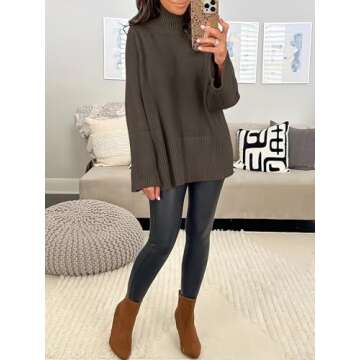 ANRABESS Womens Oversized Turtleneck Sweaters Long Sleeve Split Hem Jumper Ribbed Knit Pullover Tops 2024 Fall Outfits Brown Small