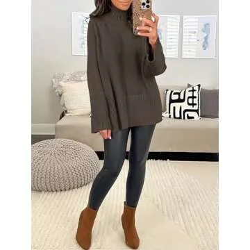 ANRABESS Womens Oversized Turtleneck Sweaters Long Sleeve Split Hem Jumper Ribbed Knit Pullover Tops 2024 Fall Outfits Brown Small
