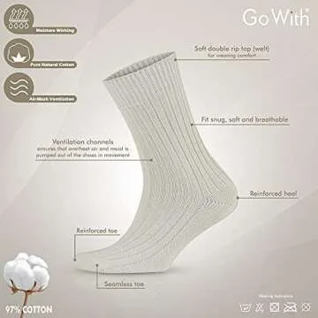 GoWith 5 Pairs Unisex Natural 97% Cotton Crew Socks, Comfy Cozy Breathable Seamless Casual Socks for Men & Women, Ecru, Small, Model 3013