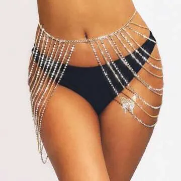 Jeweky Rhinestone Tassel Waist Belly Chain Gold Crystal Body Chains Rave Beach Body Jewelry Accessories for Women
