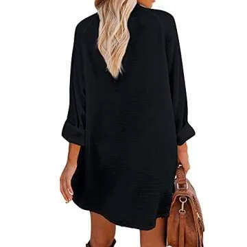 Button Down Tunic for Women Long Sleeve V Neck Blouse Shirt with Frayed Trim Relaxed Fit