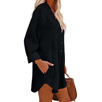 Button Down Tunic for Women Long Sleeve V Neck Blouse Shirt with Frayed Trim Relaxed Fit